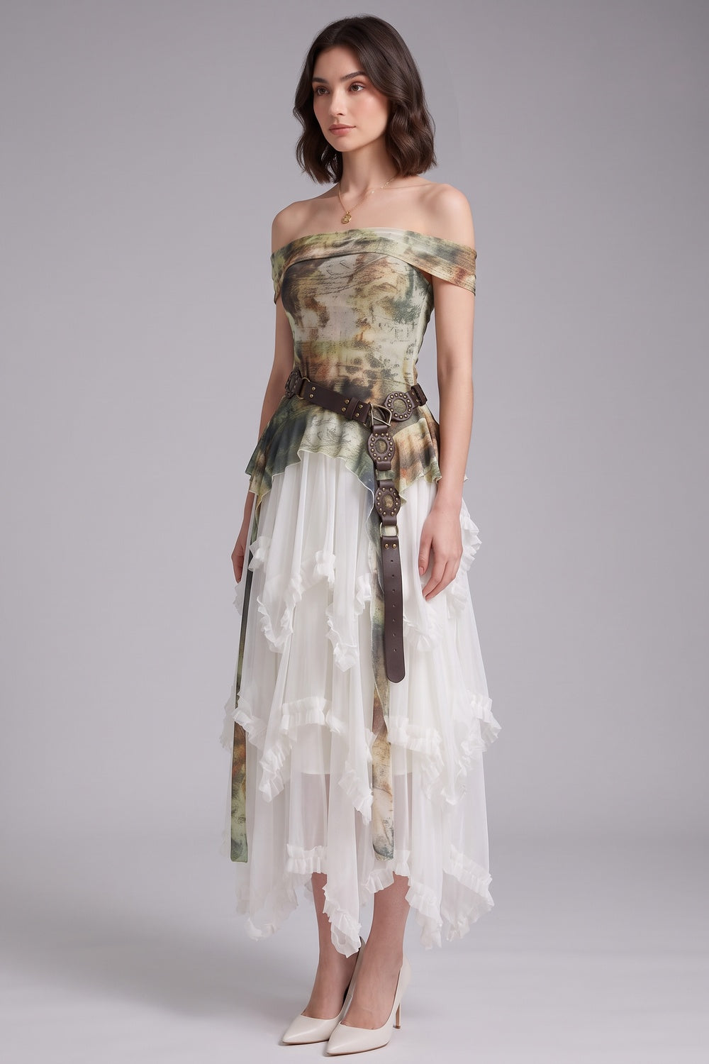 f993cbf1bc2c24b6 OLIVE A-LINE OFF-SHOULDER RUFFLE DRESS - WEDDING GUEST