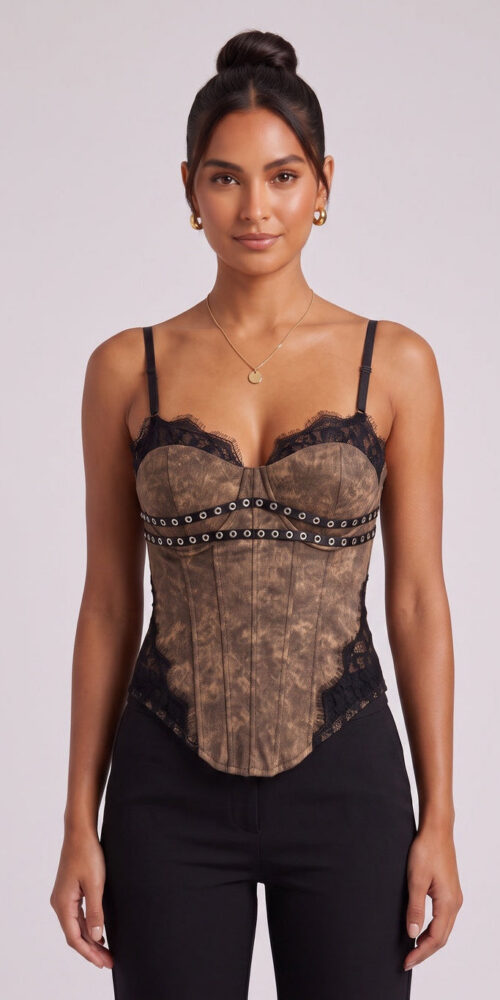 f9d3d7ee352645d1 BROWN LACE BUSTIER CORSET TOP - STRUCTURED PARTY STYLE
