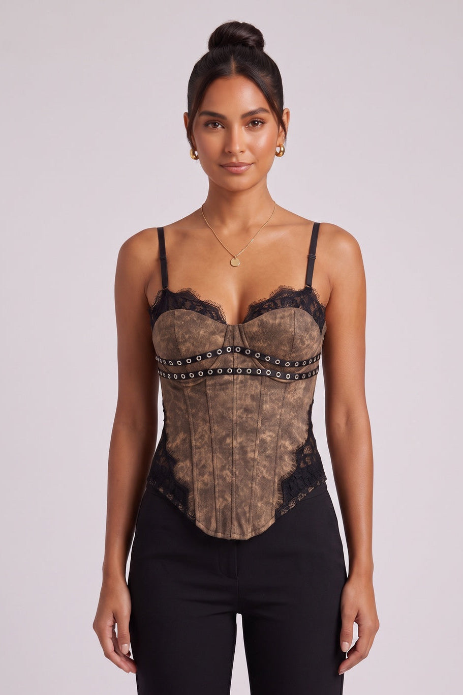 f9d3d7ee352645d1 BROWN LACE BUSTIER CORSET TOP - STRUCTURED PARTY STYLE