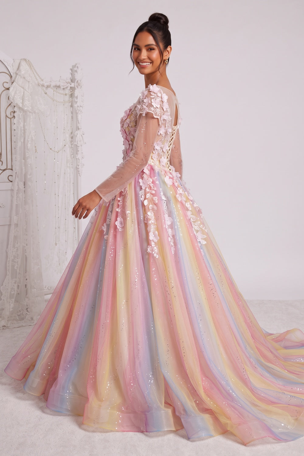 PASTEL TULLE BALLGOWN WITH 3D FLORAL PROM DRESS