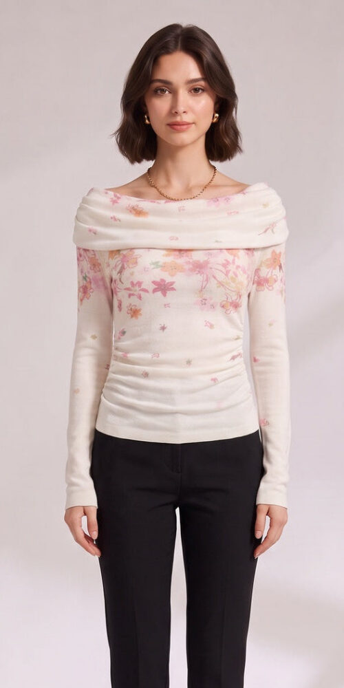 fa94444180b10664 OFF-WHITE DRAPED NECK FITTED KNIT TOP