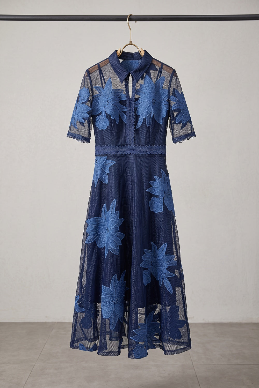fe2fca4dda6b16b3 NAVY ORGANZA A-LINE MIDI DRESS – FLORAL EMBROIDERY