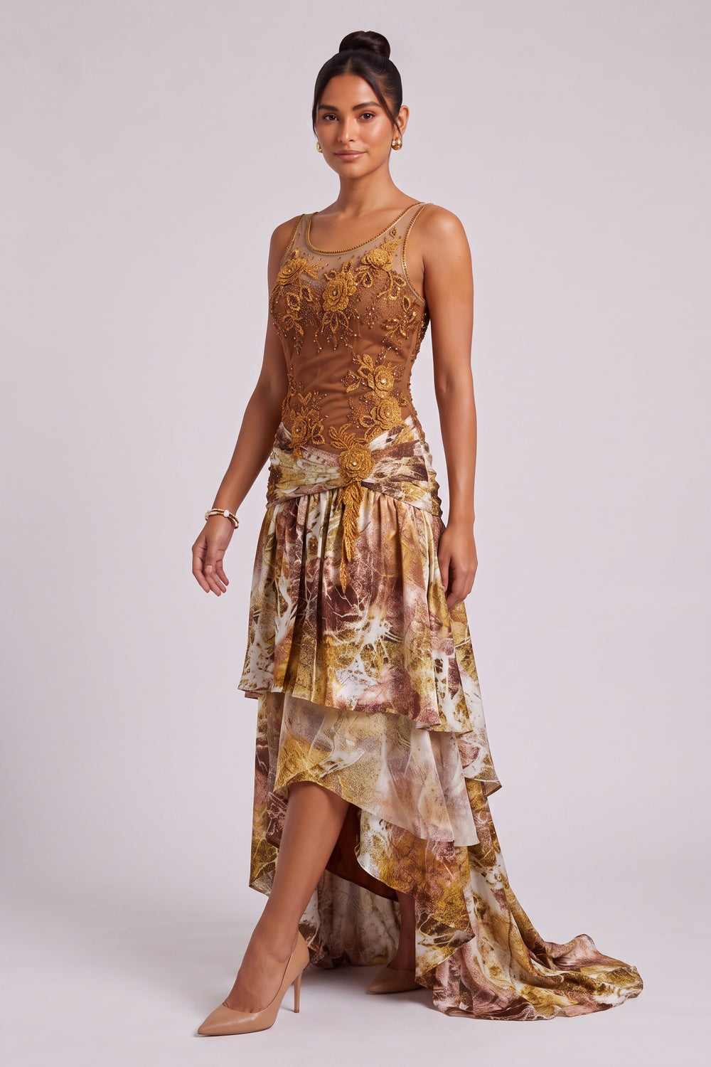 ff5a142c58b475c0 BROWN SILK ASYMMETRIC TIERED MAXI GOWN DRESS