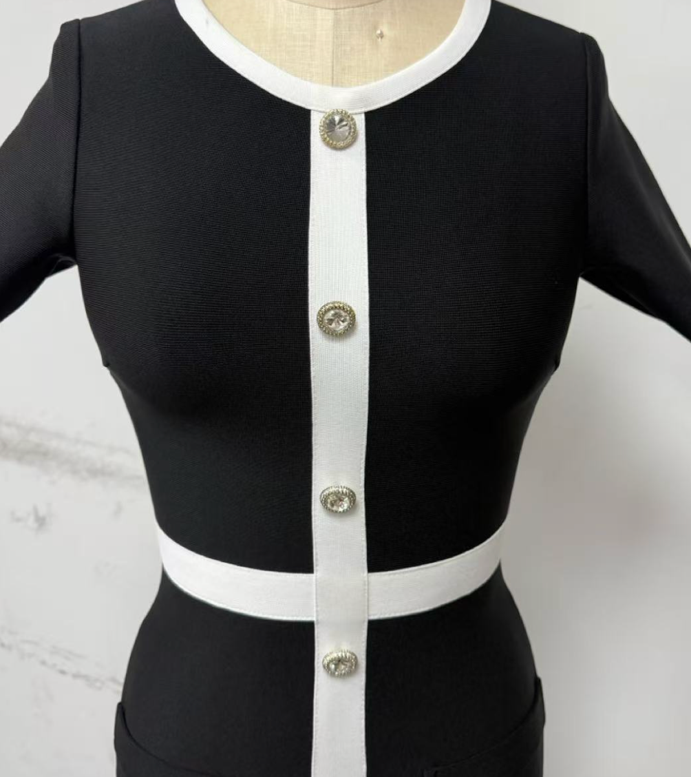 BLACK SHEATH DRESS WHITE PANEL WORK OFFICE