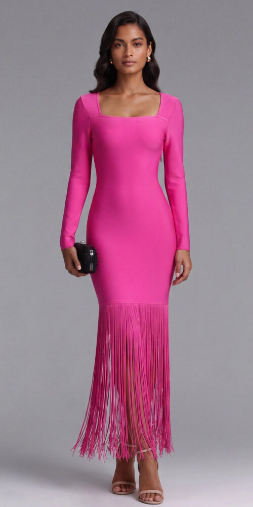 ffba01a2946d58f4 PINK FRINGE MIDI DRESS LONG SLEEVE COCKTAIL