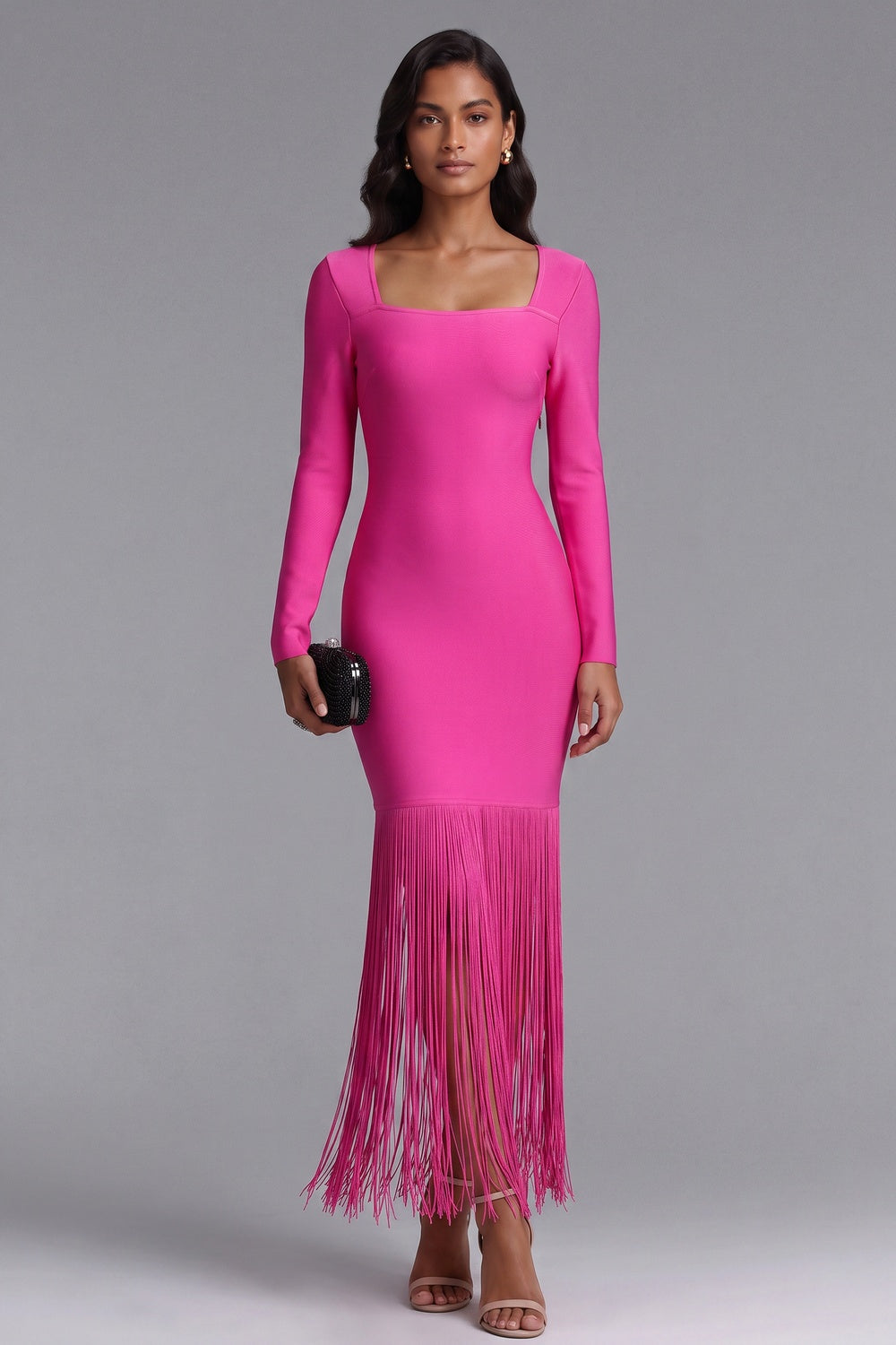 ffba01a2946d58f4 PINK FRINGE MIDI DRESS LONG SLEEVE COCKTAIL
