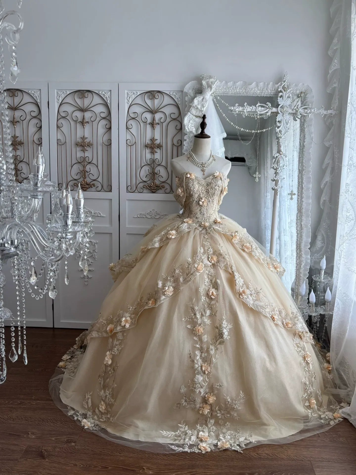 OFF-SHOULDER 3D FLORAL BALL GOWN WEDDING DRESS