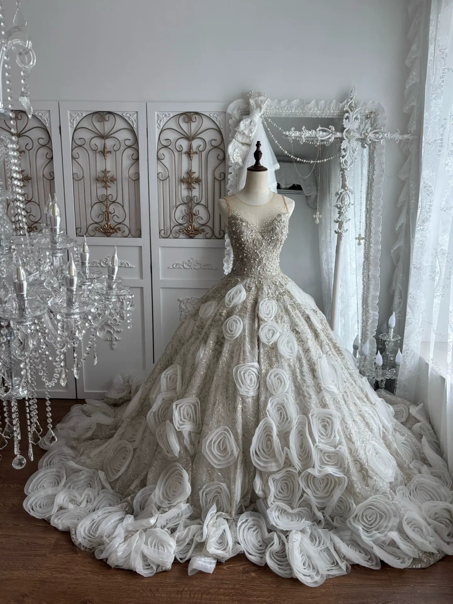 CHAMPAGNE ORGANZA BALLGOWN PROM DRESS 3D FLORAL