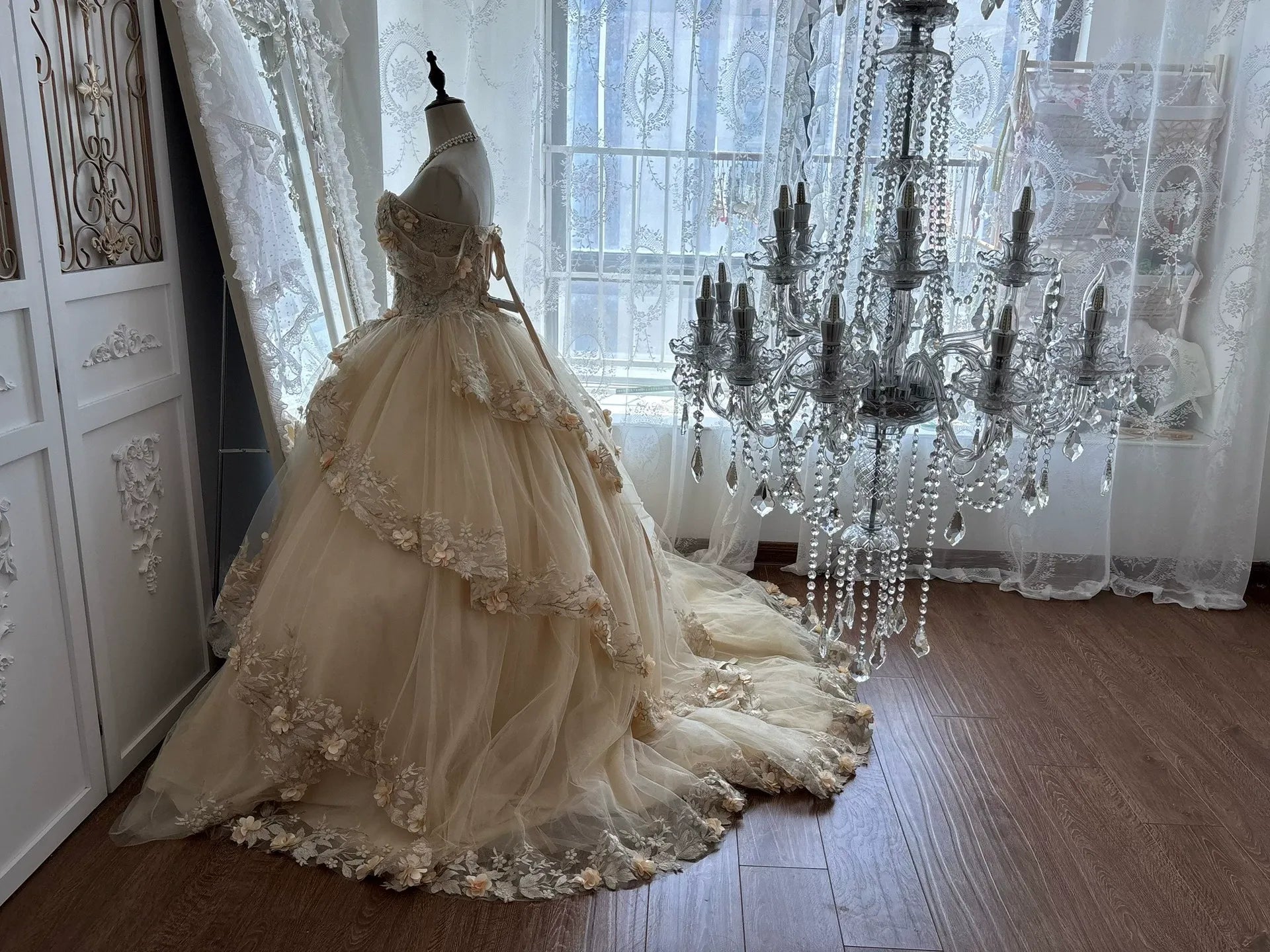 OFF-SHOULDER 3D FLORAL BALL GOWN WEDDING DRESS
