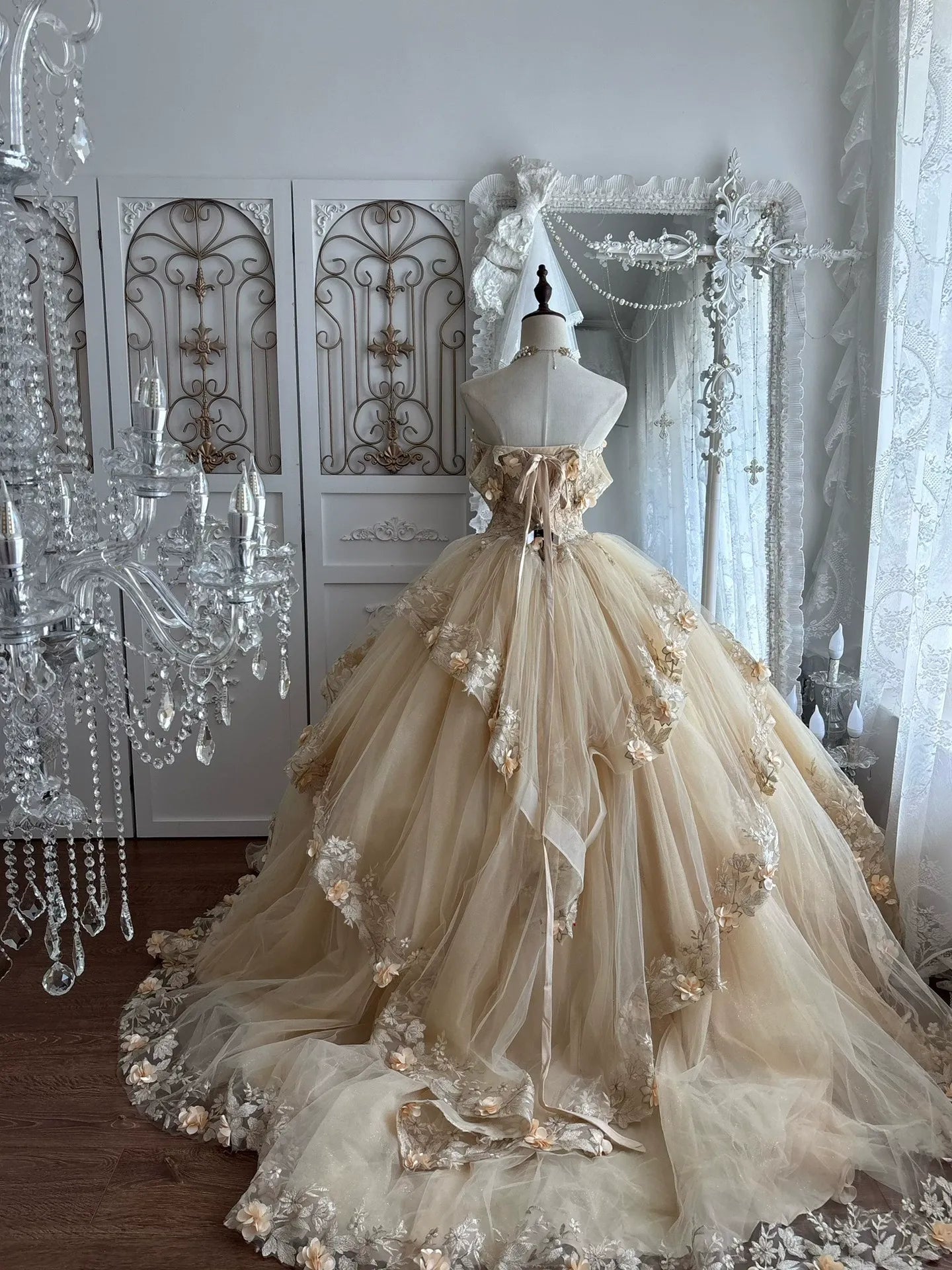 OFF-SHOULDER 3D FLORAL BALL GOWN WEDDING DRESS