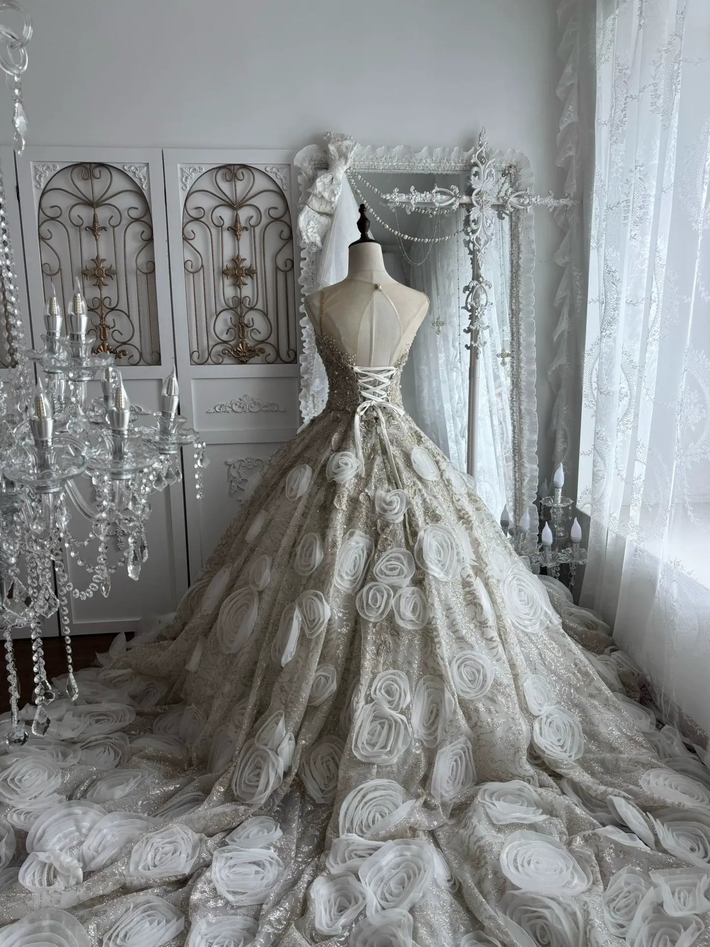 CHAMPAGNE ORGANZA BALLGOWN PROM DRESS 3D FLORAL