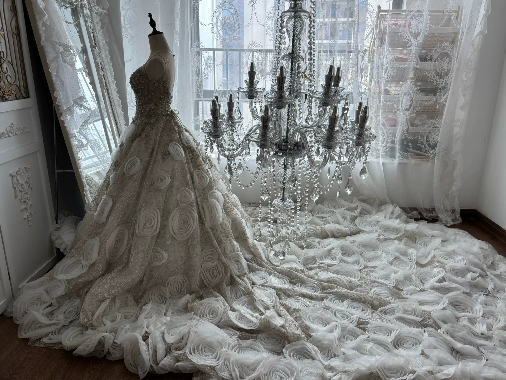 CHAMPAGNE ORGANZA BALLGOWN PROM DRESS 3D FLORAL