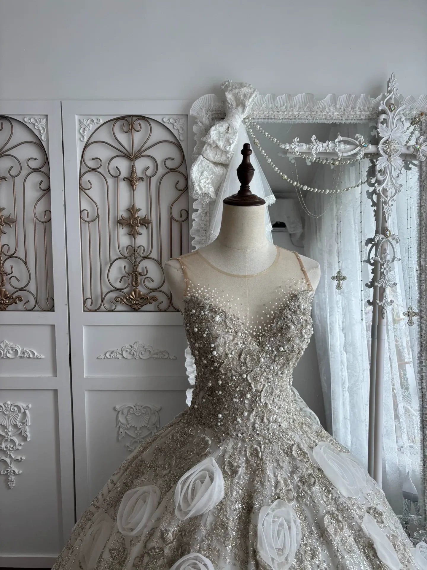 CHAMPAGNE ORGANZA BALLGOWN PROM DRESS 3D FLORAL