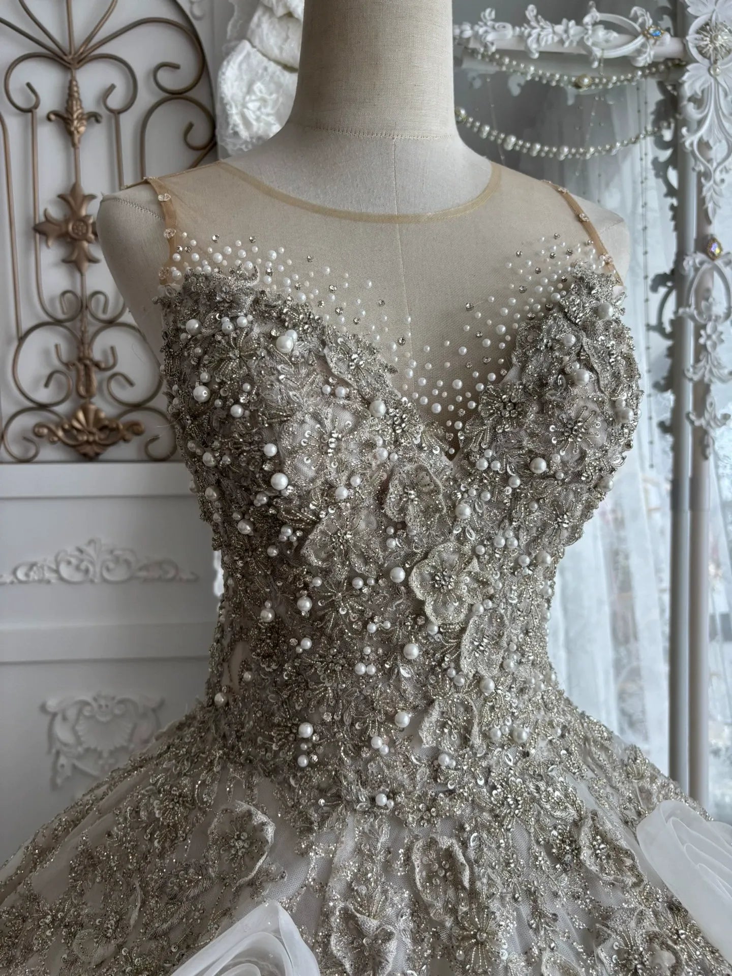 CHAMPAGNE ORGANZA BALLGOWN PROM DRESS 3D FLORAL
