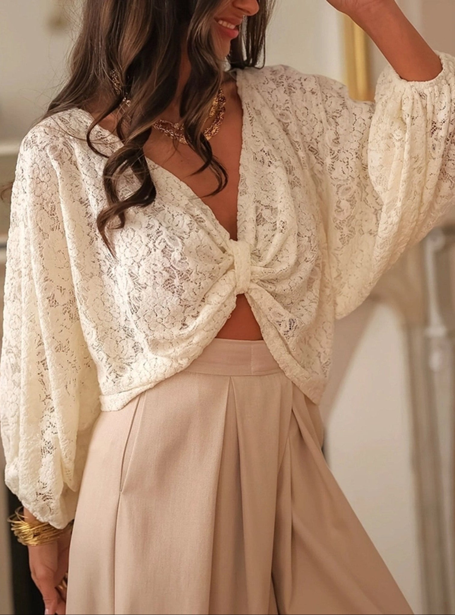 CREAM FLORAL LACE PUFF SLEEVE CROPPED COVER UP